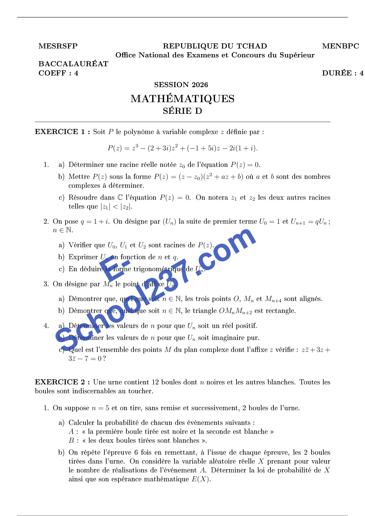 bac D maths_ Tchad 2026
